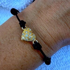 Adjustable goldtone & rhinestone heart bracelet/anklet on leather cord